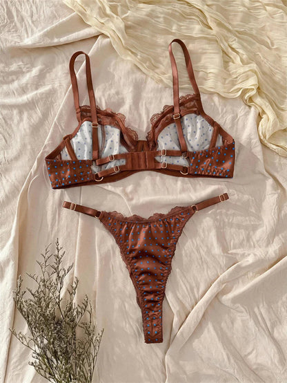 French Retro Brown Satin Lingerie Set Polka Dot Lace Splicing Women&