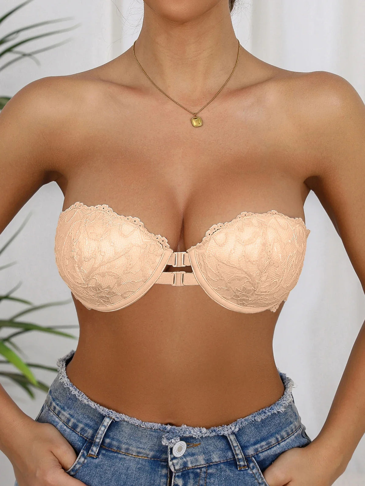 Lace Strapless Bra Double Front Closure Push Up Bralette for Women Invisible Anti-Slip High support Women&