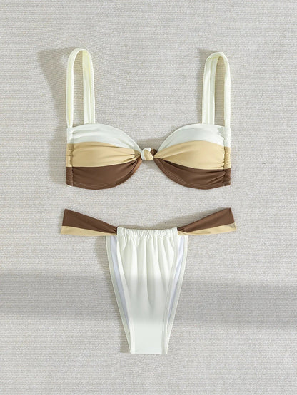Sexy Front Tie Bikini 2025 Women Beige Patchwork Pleate Push Up Micro Swimsuit Brazilian Gradient Bathing Suit Thong Swimwear