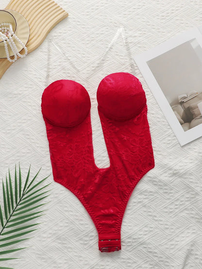 Red Lace Underwire Bodysuit Deep V Plunge Teddy Lingerie Removable Clear Strap Snap Crotch One Piece Shapewear A8188