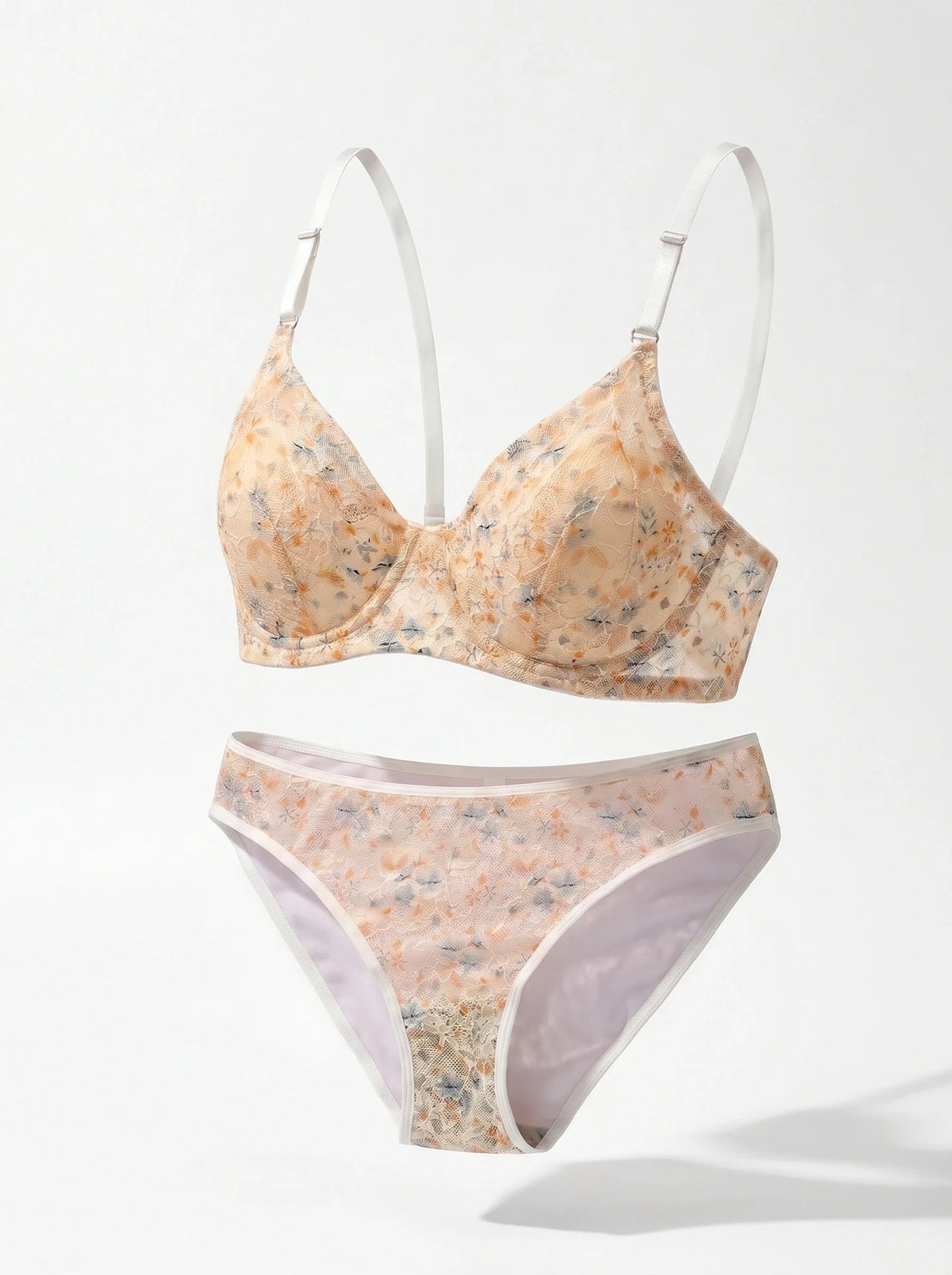 Ladies Lace Bra Panty Set French Style Ditsy Print Bralette Briefs Set Adjustable Strap Elegant Daily Lingerie YS2406