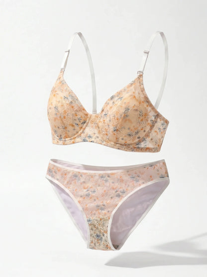 Ladies Lace Bra Panty Set French Style Ditsy Print Bralette Briefs Set Adjustable Strap Elegant Daily Lingerie YS2406