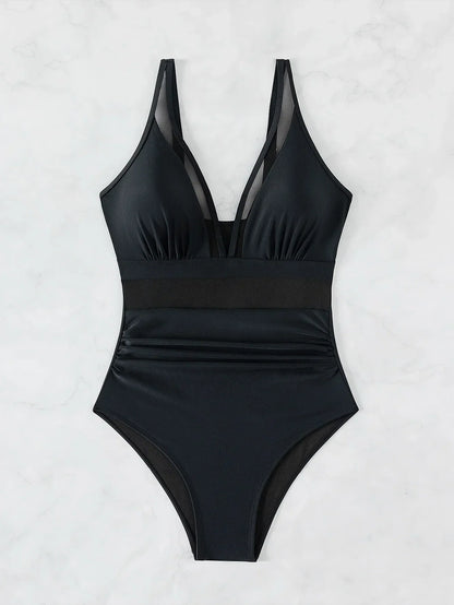Sexy Black One Piece Swimsuit 2026 Women Mesh Patchwork Transparent Tummy Control Swimwear Bathing Suit See Through Monokini