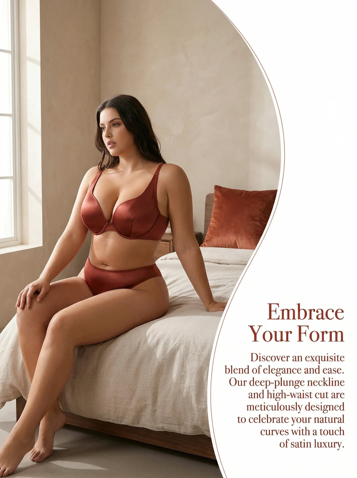 Plus Size Satin Lingerie Set Women Burnt Copper Unlined Underwire Bra and Panty Set Sexy Shiny Vacation Intimates set MR3610