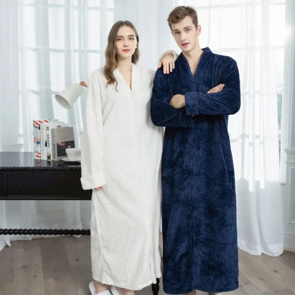 New Women Winter Extra Long Warm Jacquard Flannel Bathrobe Pregnant Zipper Plus Size Dressing Gown Lounge Coral Fleece Bath Robe