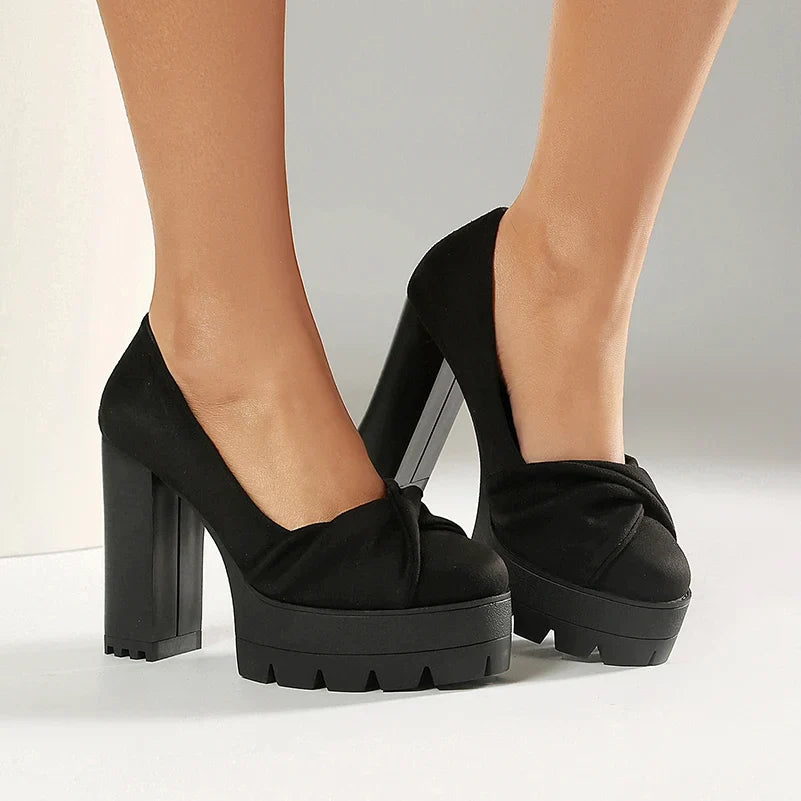 Plus Size Cross Soft PU Upper Platform Ultra Coarse Heel Shallow Breathable High Heels Office Women&
