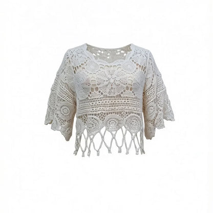 Half Sleeve Hollow Out Solid Crochet Knitted Tunic Beach Cover Up Cover-ups Beach Dress Beach Wear Beachwear Female Women V8401