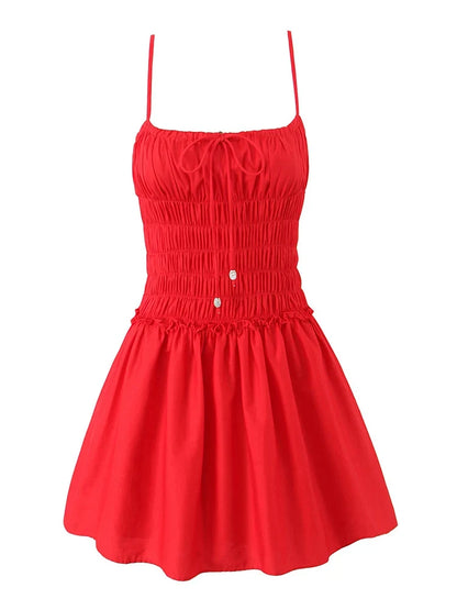 Cotton Summer Red Short Dress Women Strapless Beach Mini Dress Casual Ruffles Spaghetti Strap Boho Party Sleeveless Dress