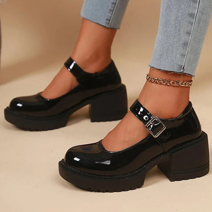 Elegant Adjustable Ankle Buckle Mary Jane Shoes Women Pu Leather Thick Heel Pumps Woman Round Toe Platform Casual Shoes Ladies