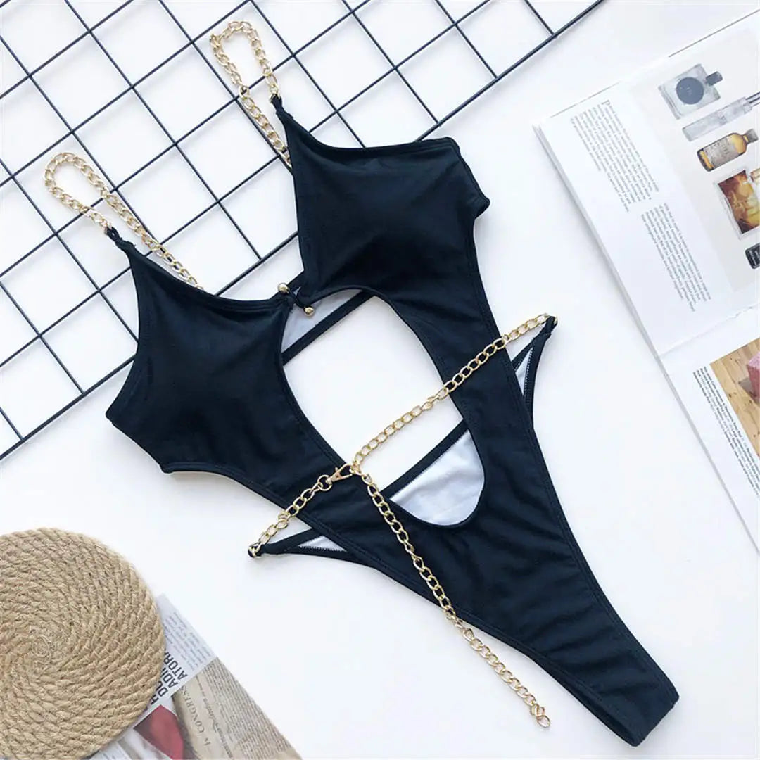 2026 Sexy Golden Chain String High Cut Leg One Piece Swimsuit Women Swimwear Female Bather Tummy Cut Out Bathing Suit Swim V1667