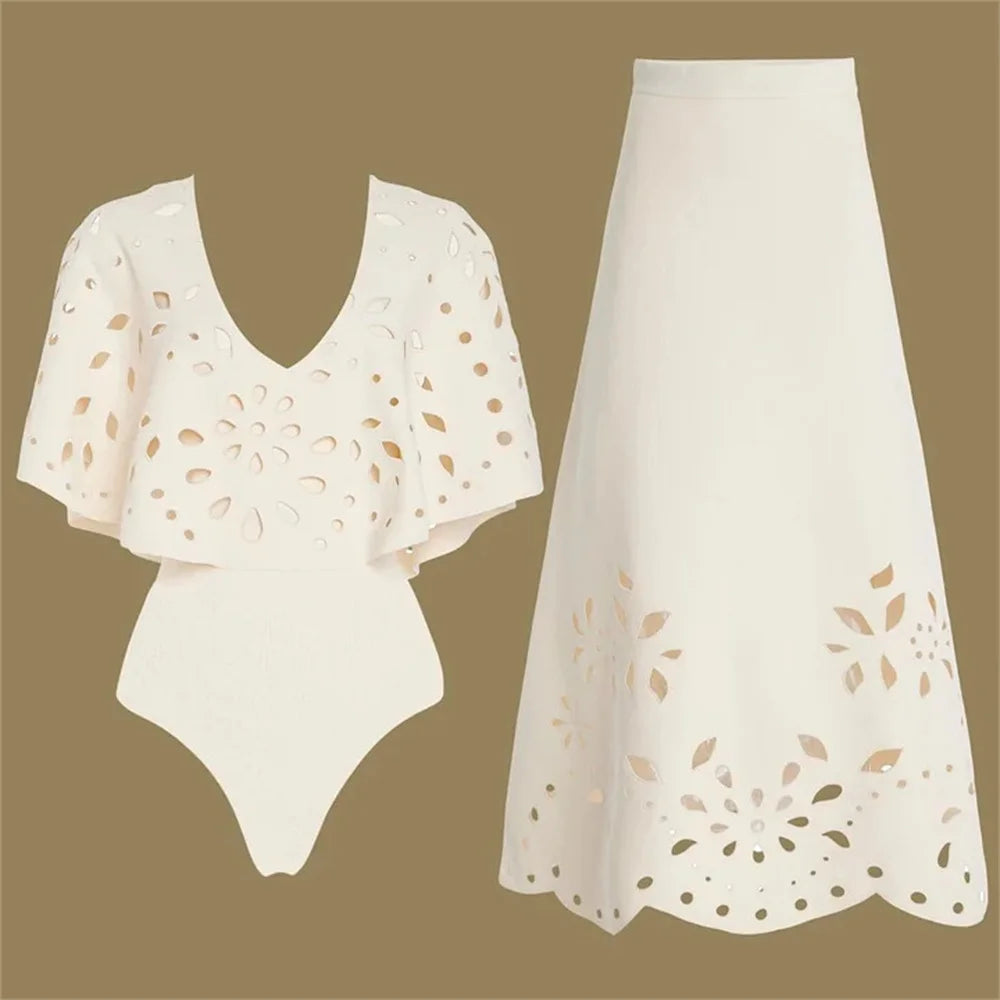 Vintage White Long Skirt Swimwear Set 2025 Women Ruffles Hollow Out Slim One Piece Swimsuit Summer Holiday Bathing Suit Monokini