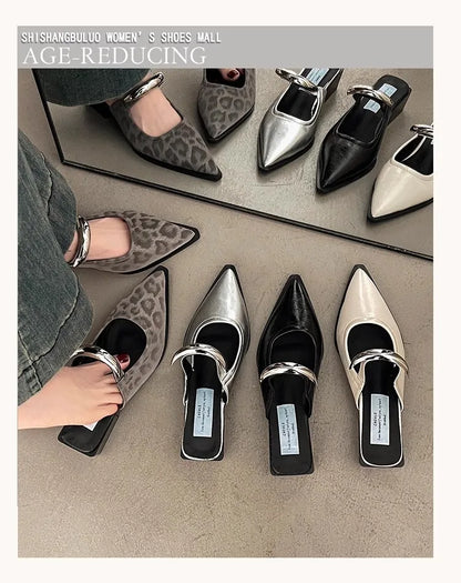2026 New Summer Women Cover Toe Mules Slippers Fashion Metal Decoration Thick Heel Slide Shoes Comfort Street Style Footwear