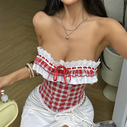 Summer Red Plaid Fishbone Corset Top Chic Strapless Lace Trim Waist Cinching Tank Top 2026 Tied Rope Club Daily Camis Vest