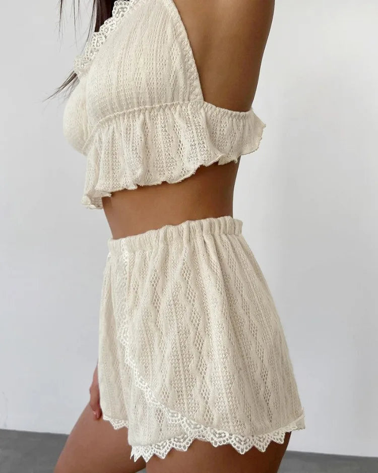 Lace Trim Ruffle Hem U-Neck Strap Cable Textured Cami &amp; Casual Shorts Loungewear Summer Pajamas Set Women Sleepwear