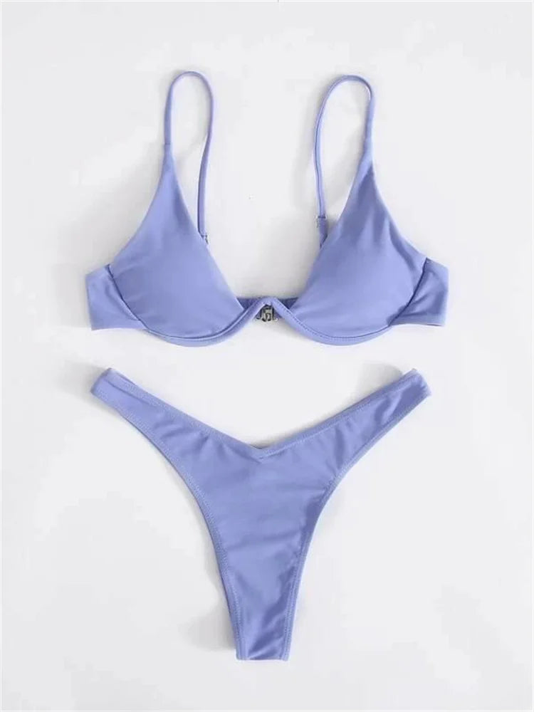 Sexy Underwire Bikini 2026 Mujer Women Solid Red Push Up Bra Thong Swimsuit Haler V Neck Bathing Suit Mini Micro Thong Swimwear