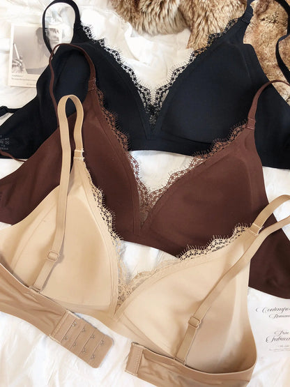 French Sexy Seamless Lingerie Women Silk Satin Lace Bra Deep V Triangular Cup Push Up Bras Adjustable Strap Comfort Underwear
