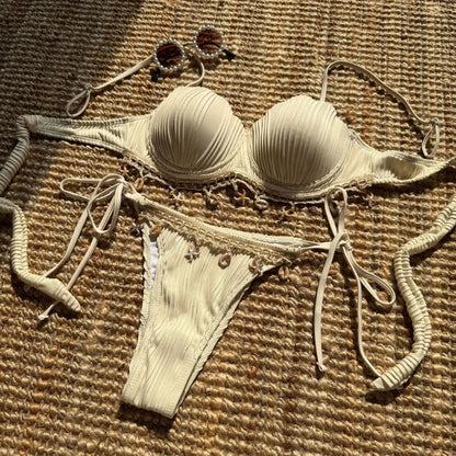 Sexy Ribbed Push Up Shell Pattern Bikinis Sets Two Pieces Plain Swimsuits Back Tie Swimwear Biquini Conjunto De Bikini Tankini