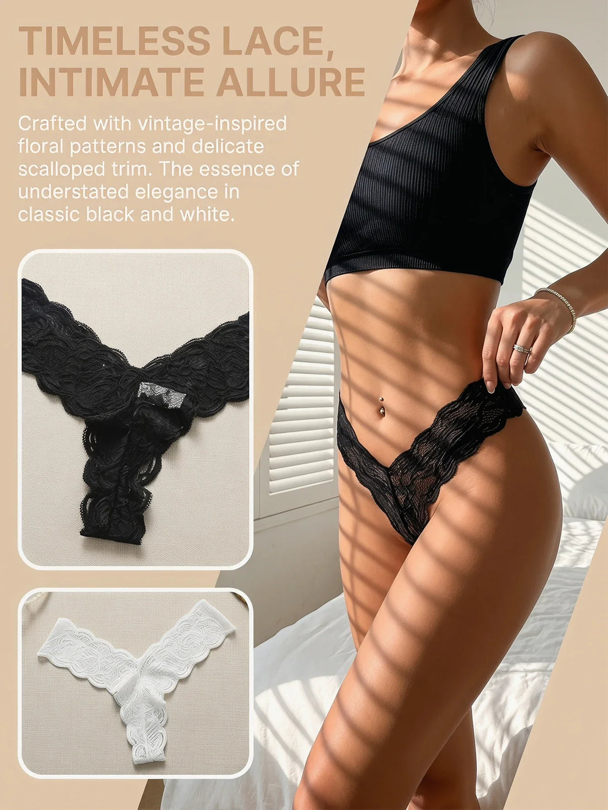 2 pcs Women Lace Thong Sexy G-string Floral Lace Vintage Elegant Understated Black White Sheer Low Rise Lingerie C915