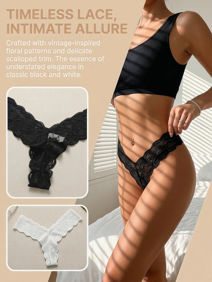 2 pcs Women Lace Thong Sexy G-string Floral Lace Vintage Elegant Understated Black White Sheer Low Rise Lingerie C915