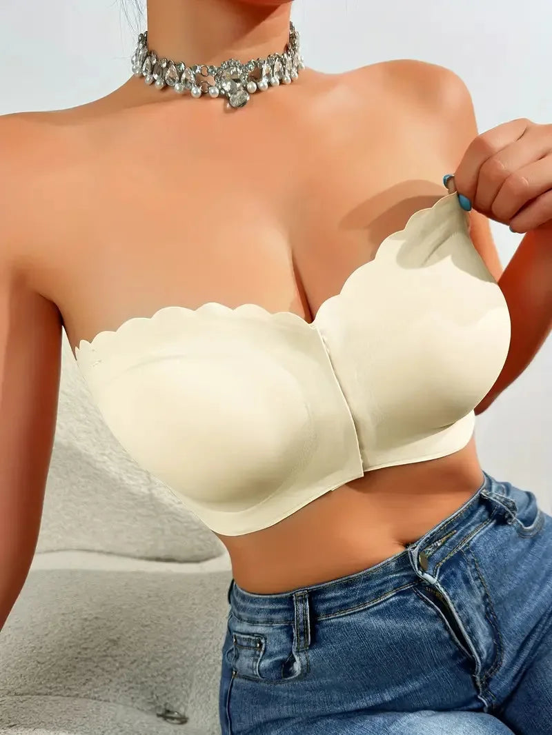 Solid Seamless Strapless Front Closure Wireless Strapless Bra, Sexy Comfy Push Up Bra, Women&