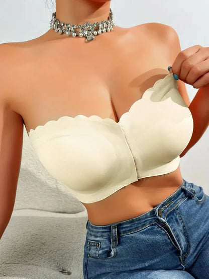 Solid Seamless Strapless Front Closure Wireless Strapless Bra, Sexy Comfy Push Up Bra, Women&
