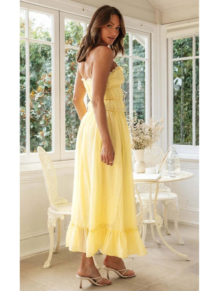 Foridol Spaghetti Strap White Sundress Flounced Edge Women&
