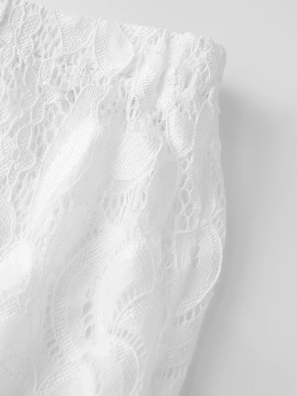 Women Summer Lace Ruffle Capri Leggings Solid Color Sheer Mesh Elastic High Waist See Through Pants