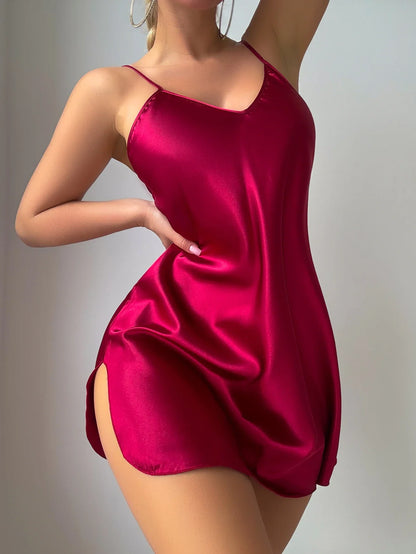 Women Satin Sexy Nightdress V Neck Solid Color Thin Sleep Dress Elegant Breathable Ladies Pajamas Ladies&