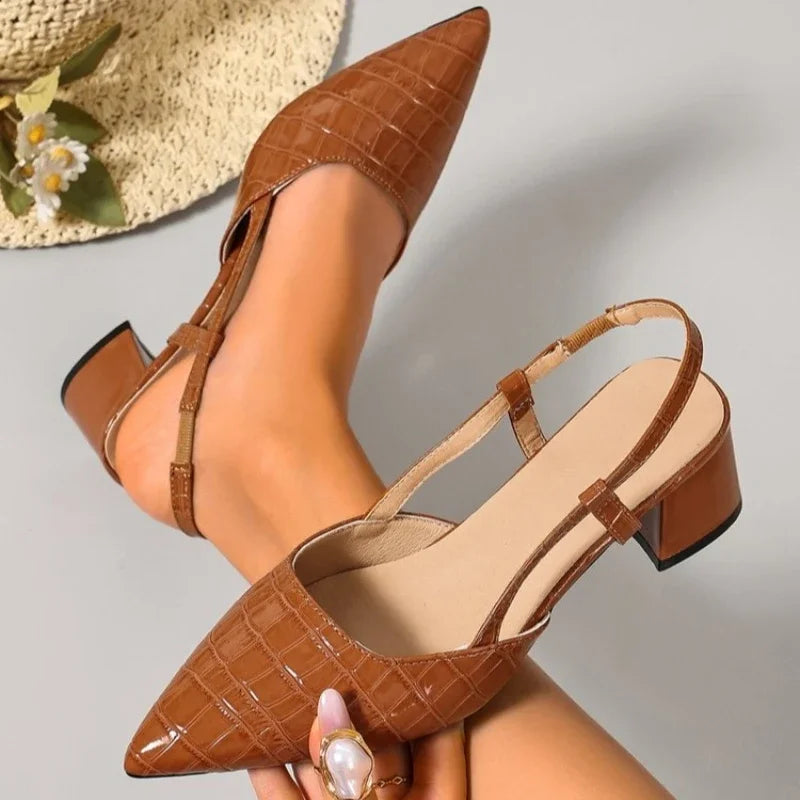 Thick Heels Breathable  High Heels Summer Sexy Pointed Toe Slingback Women&