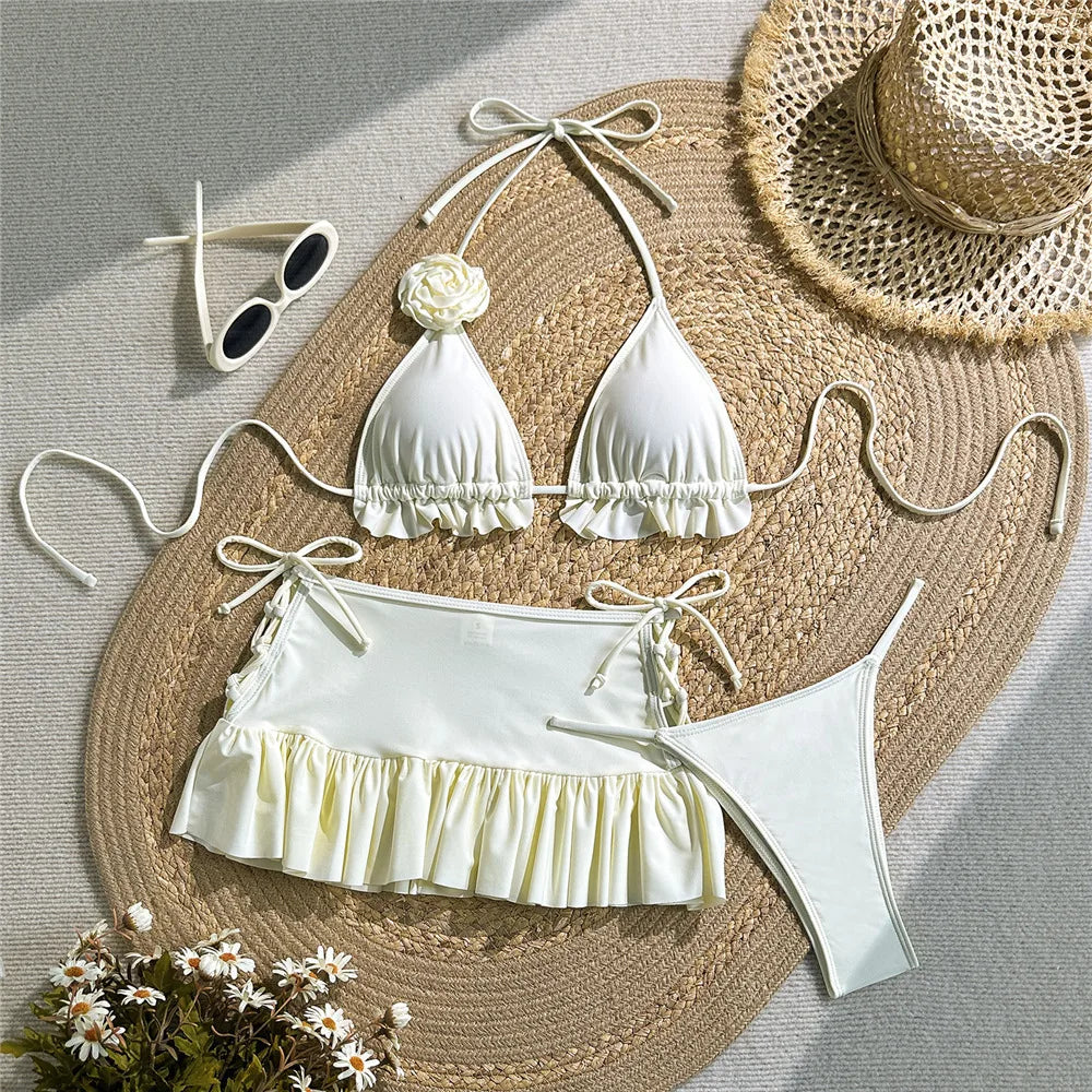 Solid White 3D Flower 3 Piece Bikini Set Skirts Mini Skirts Cover Ups Sexy Swimsuit Women 2025 Swimsuit Beachwear Thong Bikini