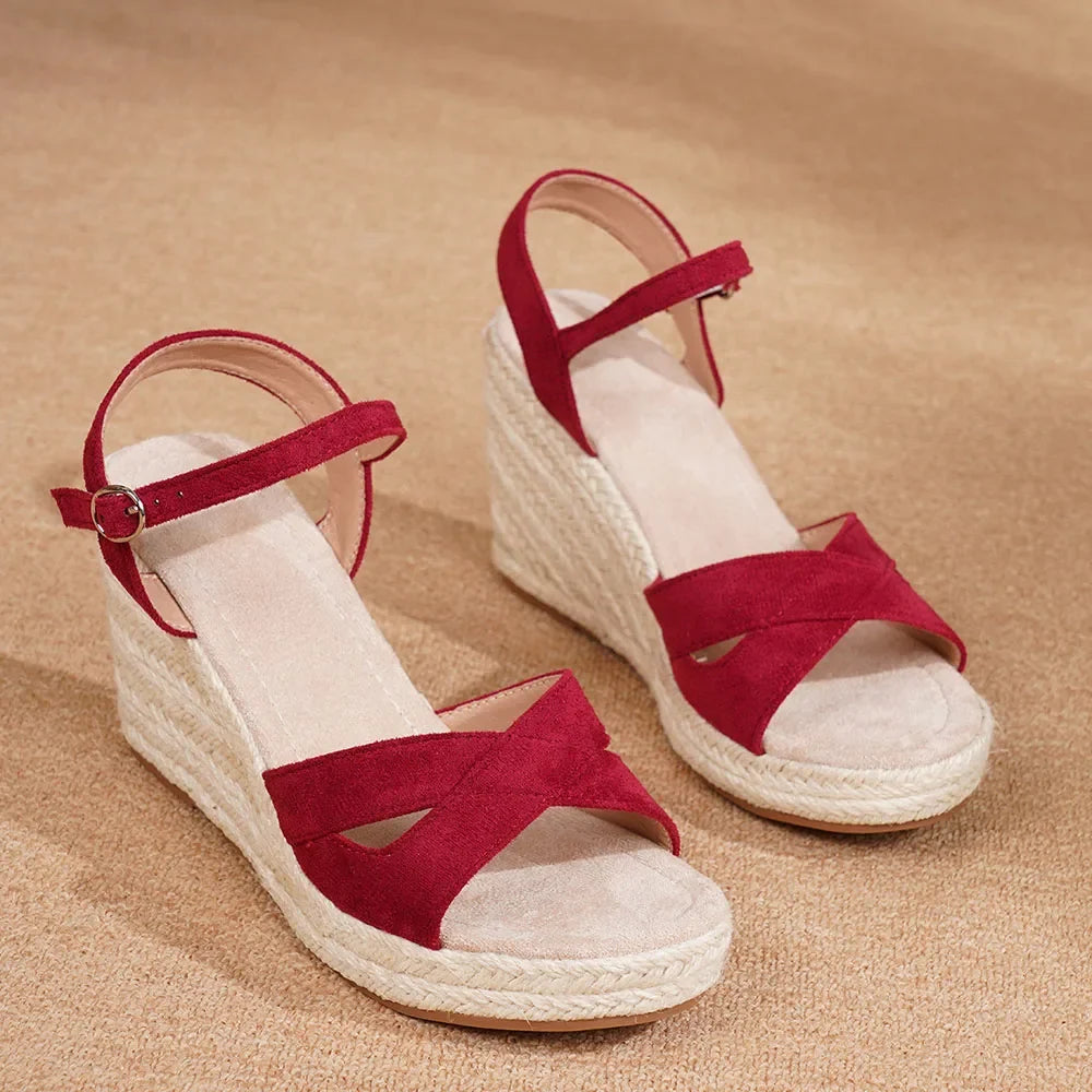 Yellow Soft Espadrille Wedge Heel Sandals Women Adjustable Ankle Strap Pink Jute Platform Summer Shoes Big Size 43