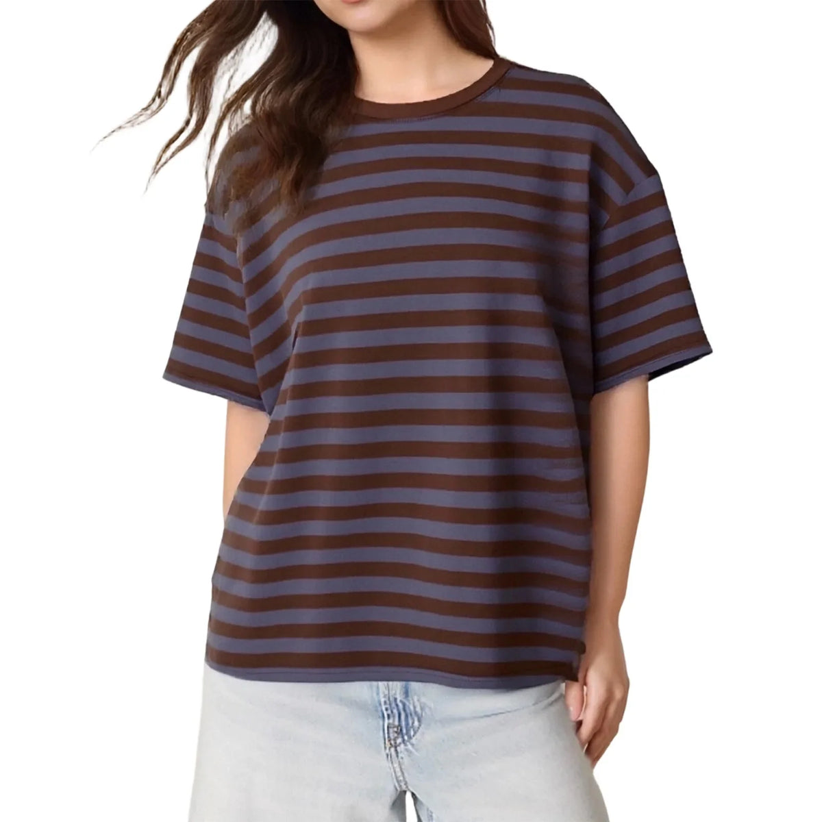 Striped Print Summer T-shirt for Women Loose Casual Contrast Short Sleeve Round Neck Basic Tops