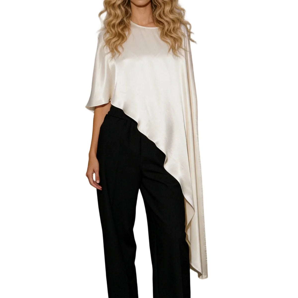 Women Spring Summer Satin Asymmetrical Hem Poncho Solid Color Round Neck Loose Shawl Wraps Cape Tops