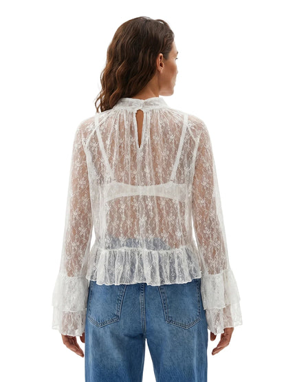 Womens Summer Sheer Shirts Flare Long Sleeve Mock Neck Lace Floral Tops Fashion Ruffled Peplum Hem Cropped T-shirts