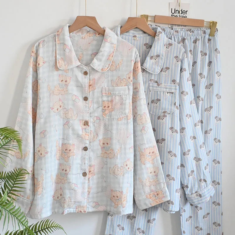 Cartoon Print Pajamas 2 Piece Long Sleeve Trousers Suit Women Soft Cotton Home Wear Summer New Sleepwear Pijamas Loungewear