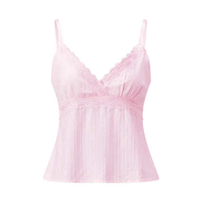 Women Camisole Solid Color Spaghetti Straps V-neck Lace Patchwork Summer Tops for Party Club