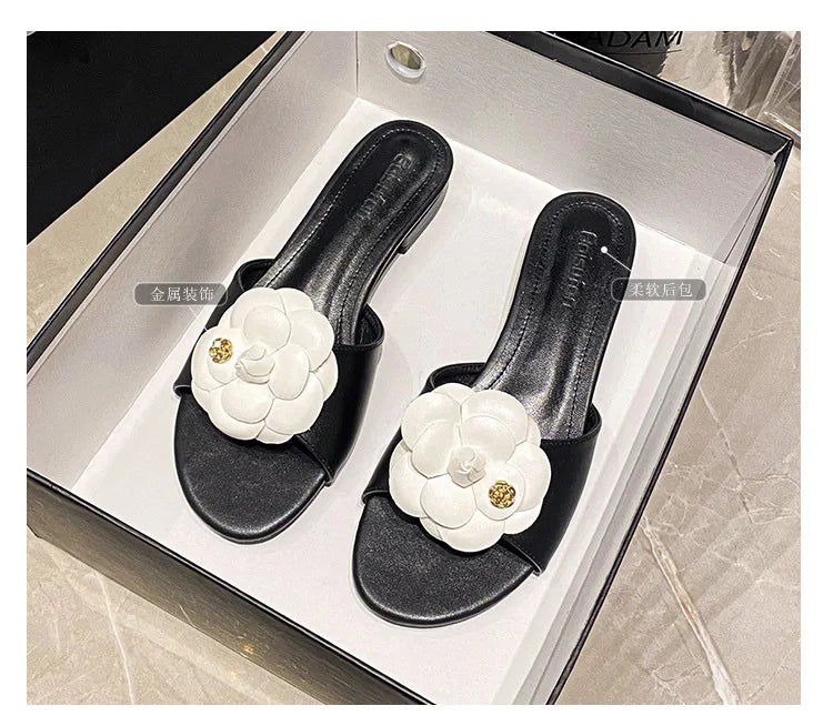 High End Luxury Flower Slippers Women Camellia Shoes Open Toe Slides Femme Outside&amp;Home Pantuflas Sandals Ladies Flip Flops