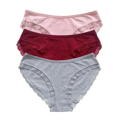 3Pcs/Set Cotton Panties Women Lace Trim Briefs Female Underpants Solid Color Soft Underwear Sexy Lingerie Intimates M-XL