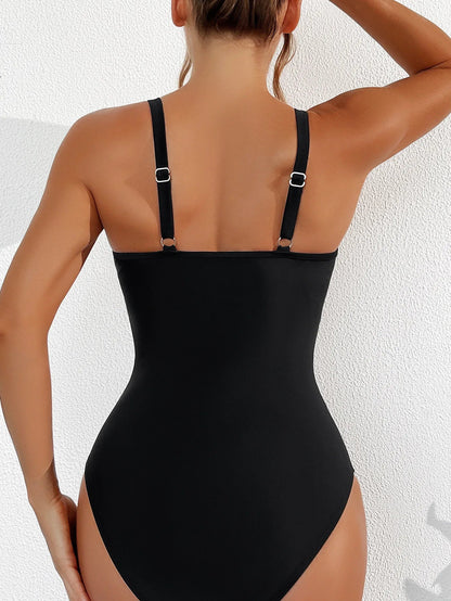 Solid Color One Piece Bikini for Women,sexy Deep-V Neck Suspender Backless Swimsuit,high Waist Translucent Striped Mesh Swimwear