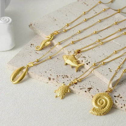 1Pc Temperament Fashion Summer Beach Blue Marine Life Sea Horse Shell Turtle Mini Fish Bead Necklace Classic Clavicle Chain