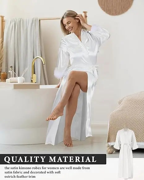 Bride Robe with Feather White Boudoir Dress Long Silk Bridal Lace Dressing Gown Bridesmaid Gifts Satin Feather Trim Bride Kimono