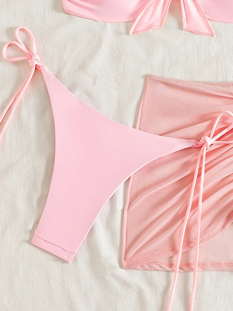 3D Flower Halter Bow Knotted Bikini Women Swimsuit Female Swimwear Three pieces Bikini Set Bather Bathing Suit Swim Beachwear