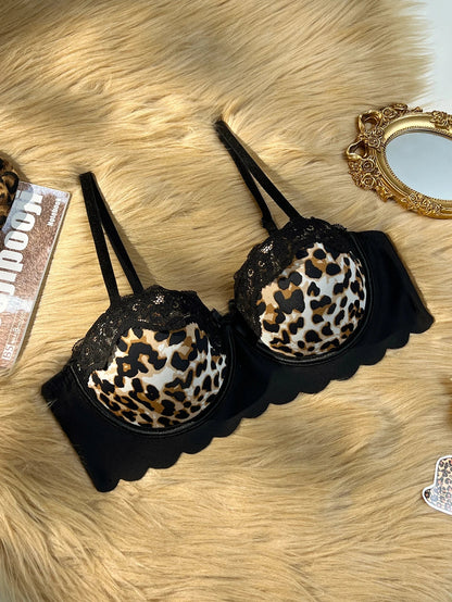 Sexy hot Lace trim spliced with leopard print bra Underwire Support &amp; Wavy Scalloped Edge Push up bra Women&