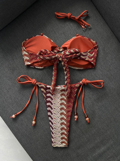 Sexy Coffee Striped Micro Bikini 2026 Women Bandeau Metal Shell Push Up Bra Bandage Thong Swimwear Beach Bathing Suit Swimsuit
