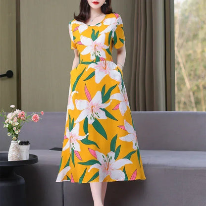 New Fashion Casual 2024 Summer Elegant Dresses For Women O-Neck Print Vintage Short Sleeve Dress Loose Women Clothing