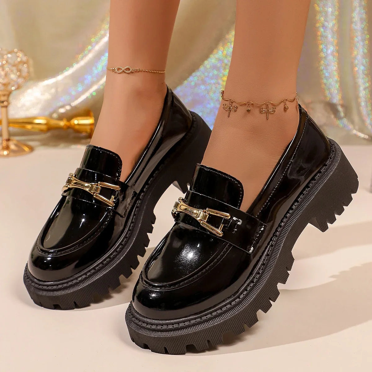 Ladies Metal Buckle Decor Chunky Loafers Round‑Toe Slip‑On Lug‑Sole PU Leather Comfortable All‑Match Business Walking Footwear