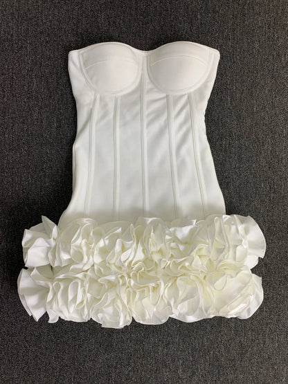 Real Photos Women New Bandage Dress Strapless Laced Up Back Flowers Hem Bodycon Mini Celebrity Evening Party Birthday Dresses