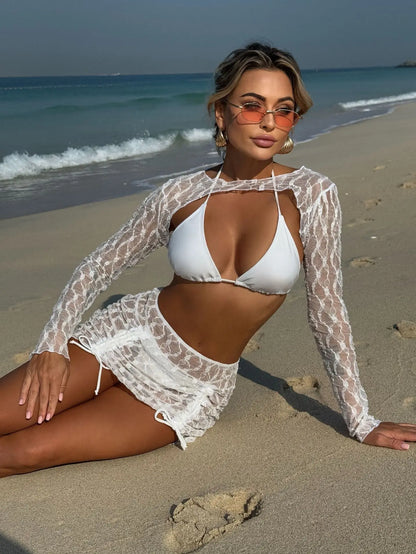 2025 European and American New Solid Color Special Mesh Four-piece Beach Swimsuit Sexy Bikini Burkini Muslim Swimwear