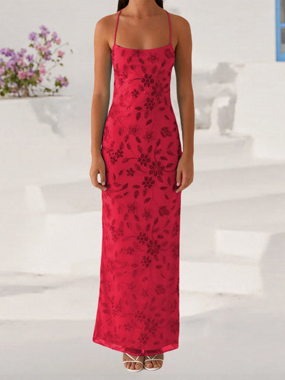Women Summer Glitter Sequin Beaded Flower Cami Dress Slim High Split Spaghetti Strap Open Back Long Dresses for Party Club