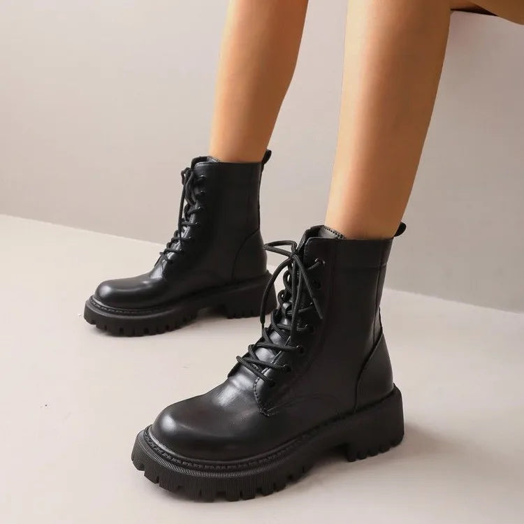 Women Lace Up Combat Ankle Boots PU Leather Chunky Lug Sole Round Toe Casual Winter Daily Shoes